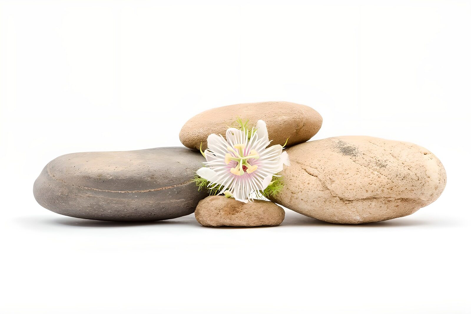 PDGIT1507082: Passiflora bianca e pietre in equilibrio