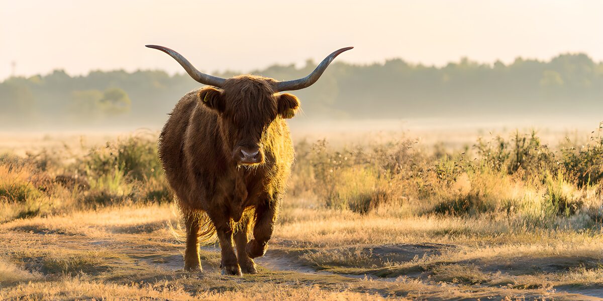 Mucca Highland sul sentiero all’alba