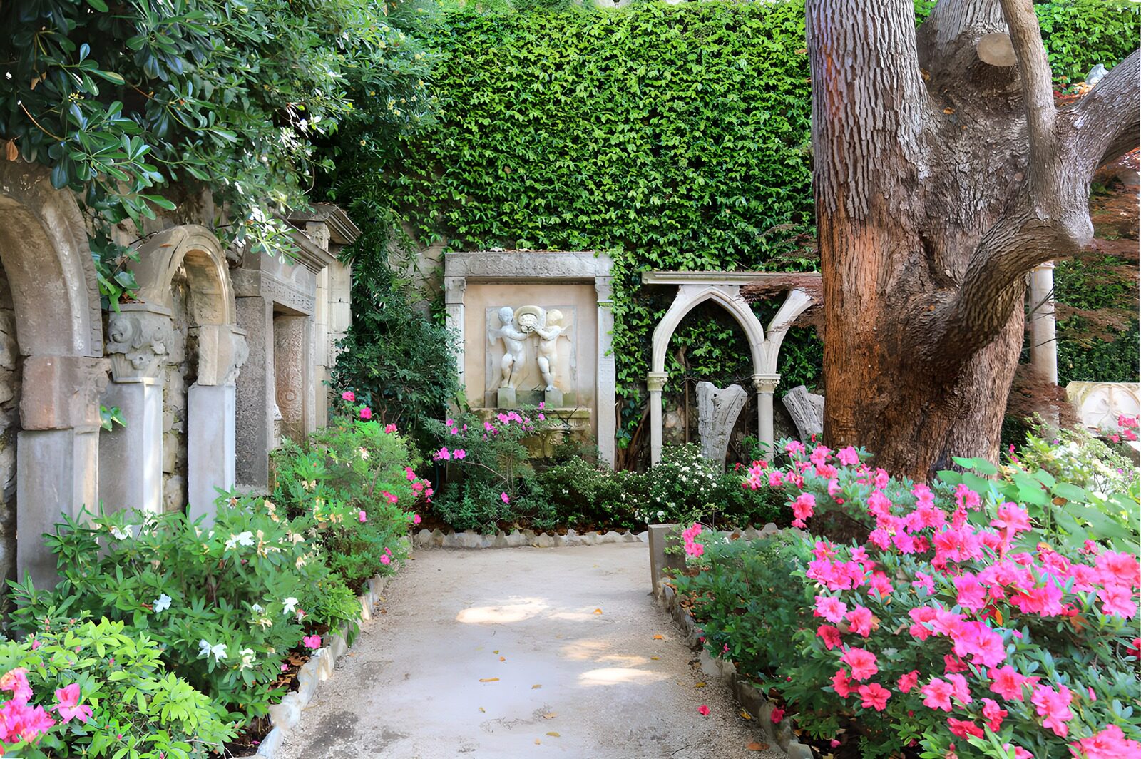 PDGIT9836739: Archi e fiori in un giardino appartato