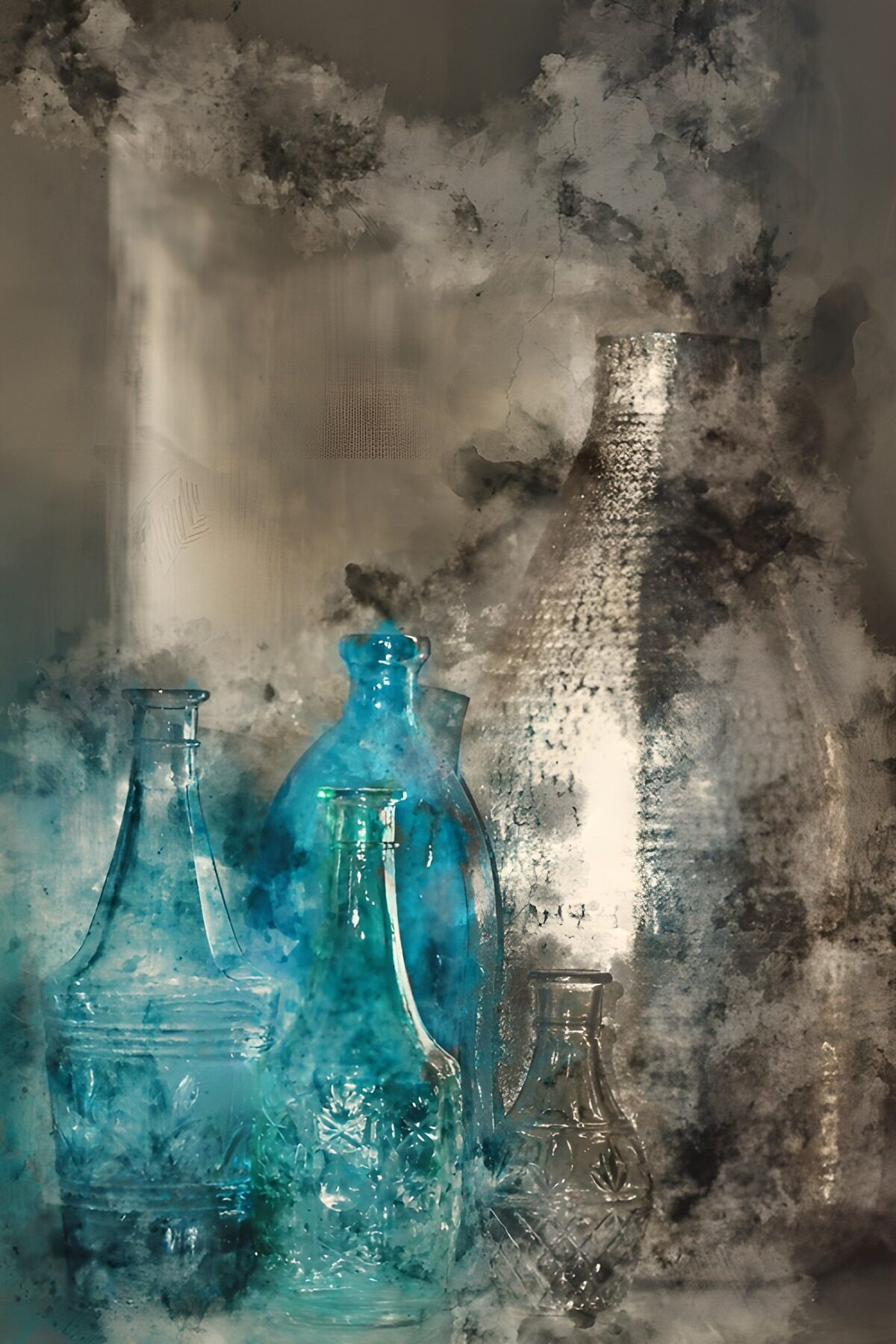 Bottiglie e caraffe tra blu e grigio