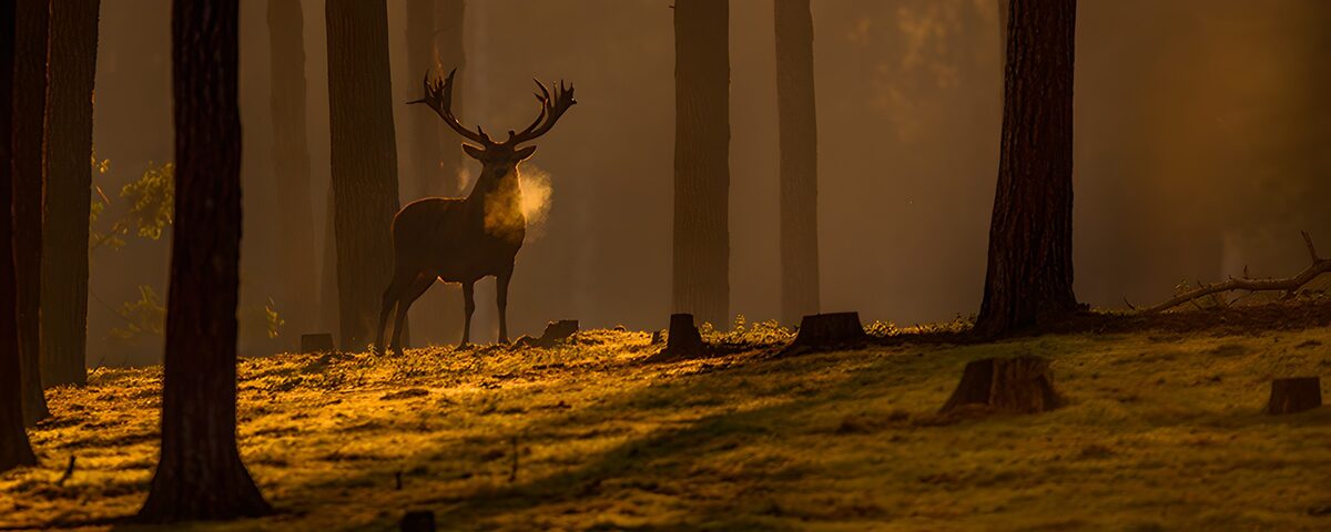 Cervo tra gli alberi nella nebbia