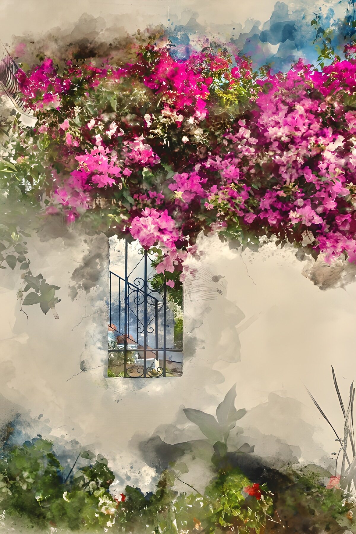 PDGIT3599474: Bougainvillea e ferro battuto ad acquerello
