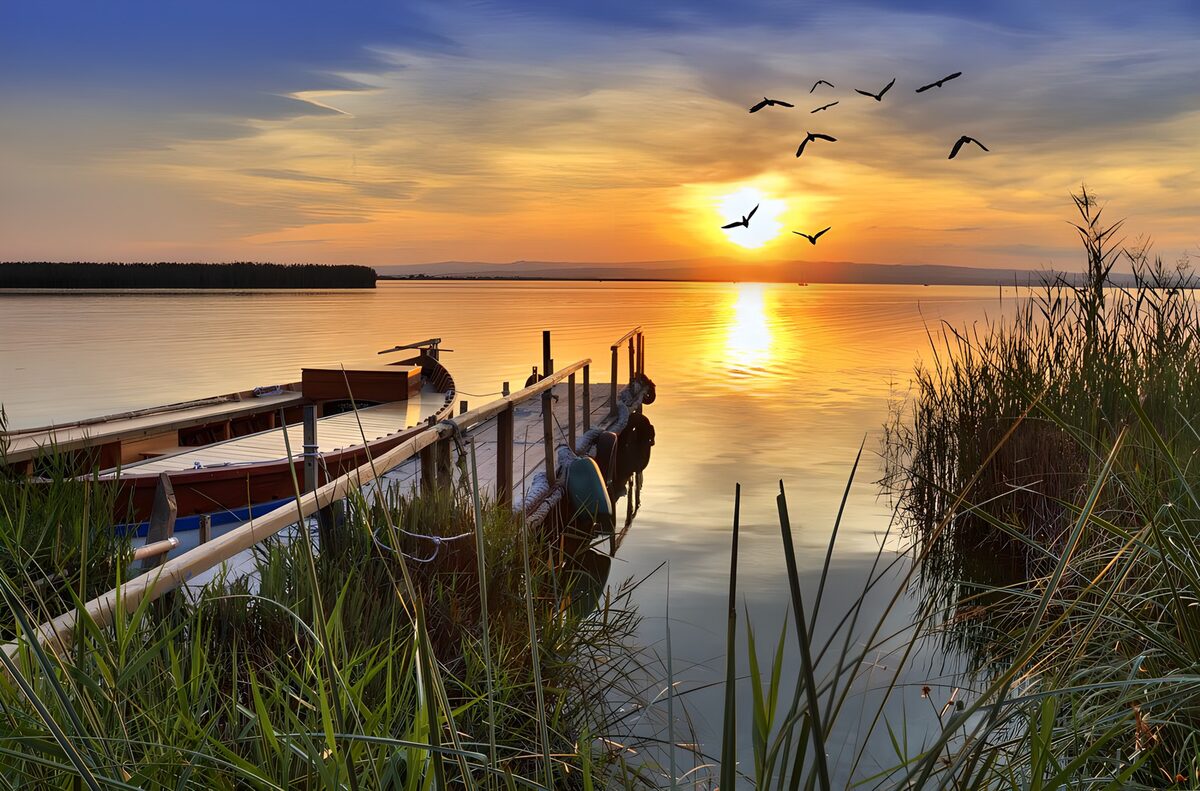 Barche al pontile nella luce dorata