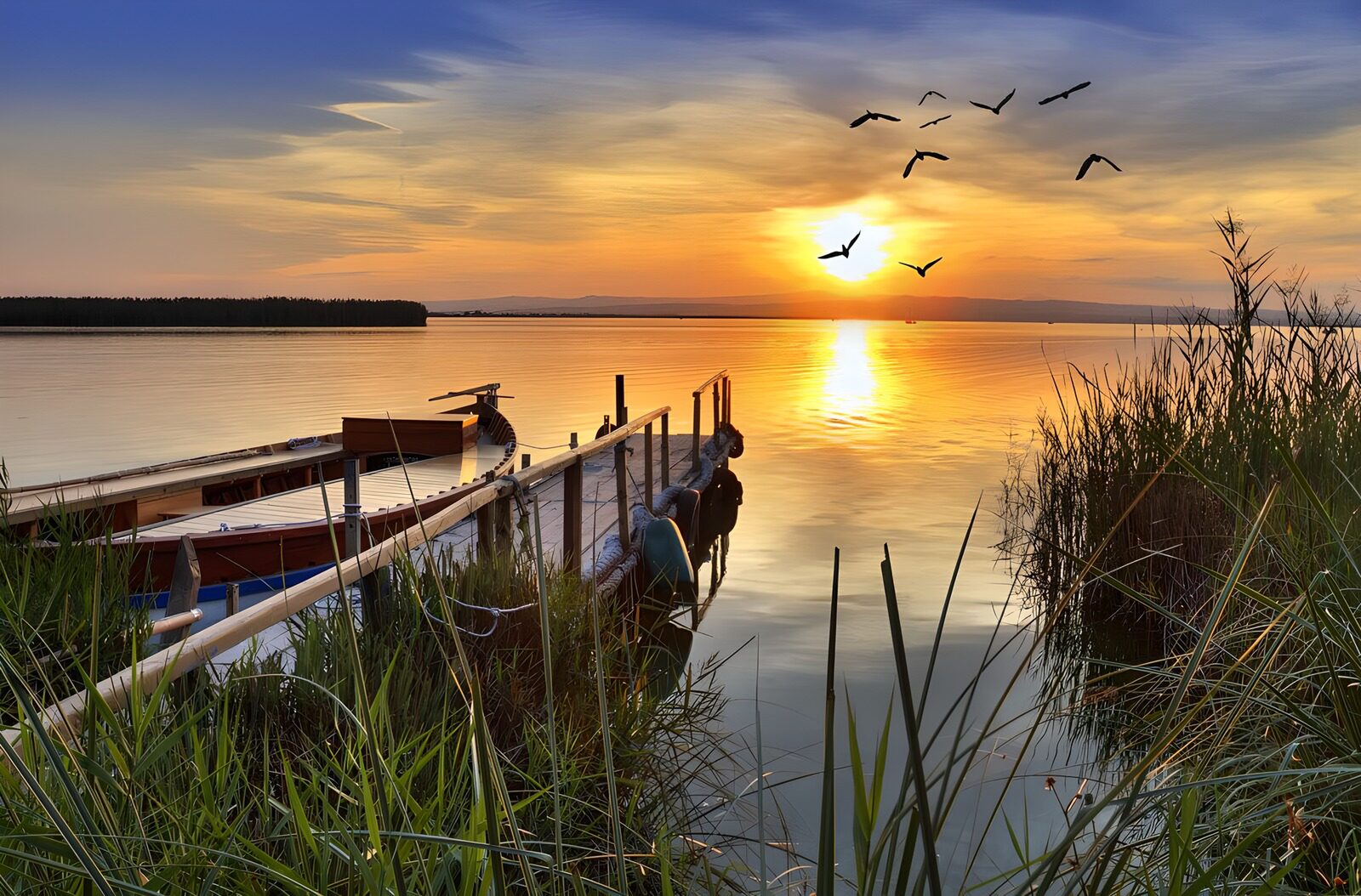 PDGIT9219369: Barche al pontile nella luce dorata