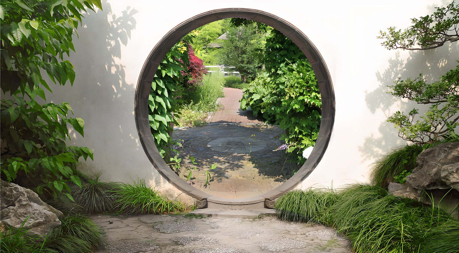 PDGIT3672601: Porta rotonda su un giardino raccolto
