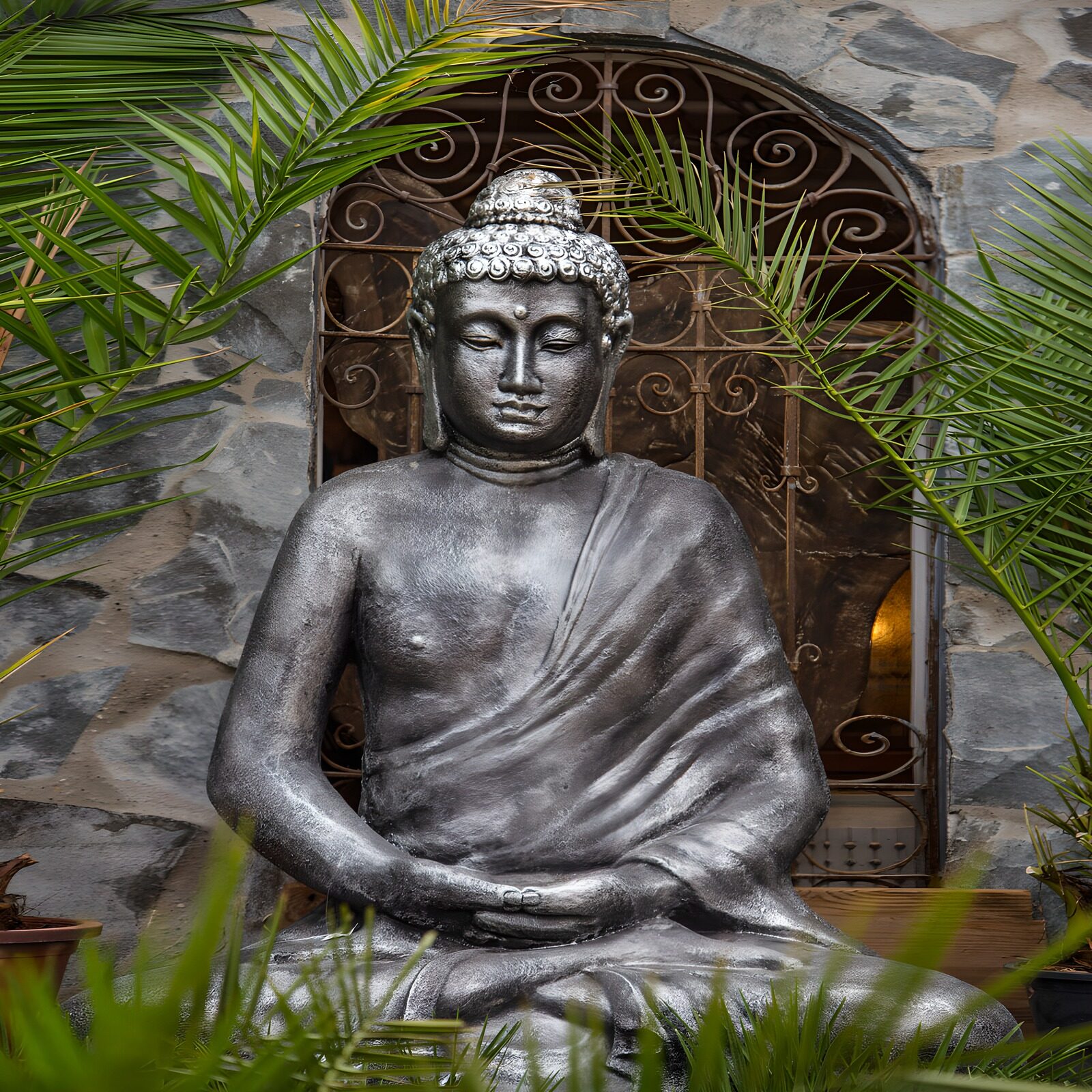 PDGIT5773575: Buddha grigio seduto tra le palme