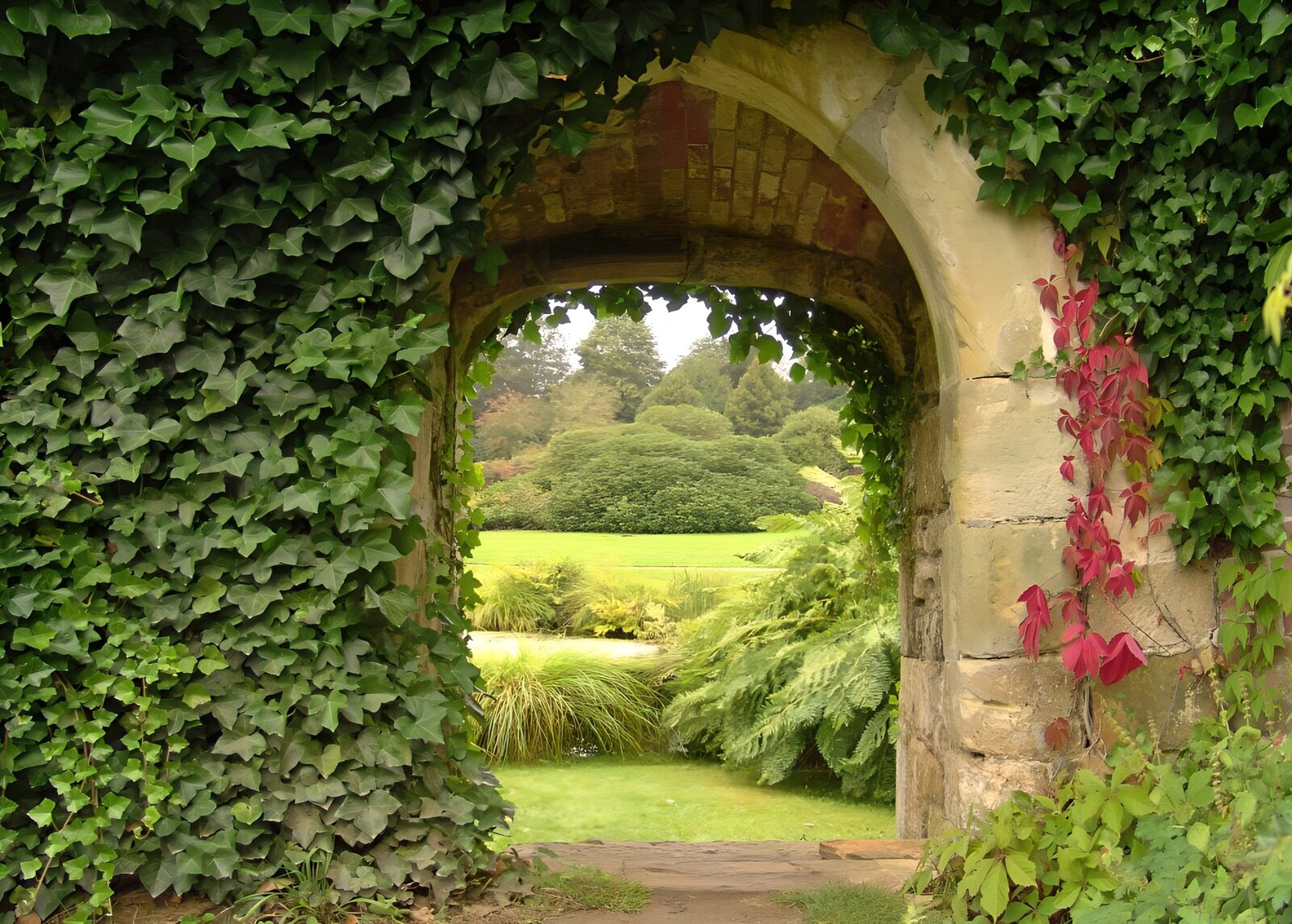 PDGIT4083574: Arco di pietra sul giardino verde