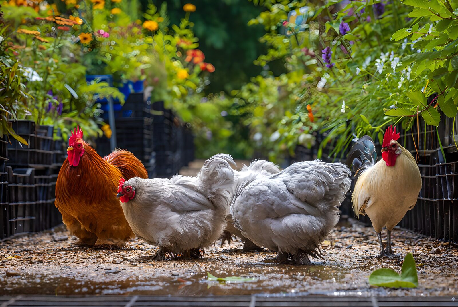 PDGIT7399713: Galli e galline sul vialetto del giardino