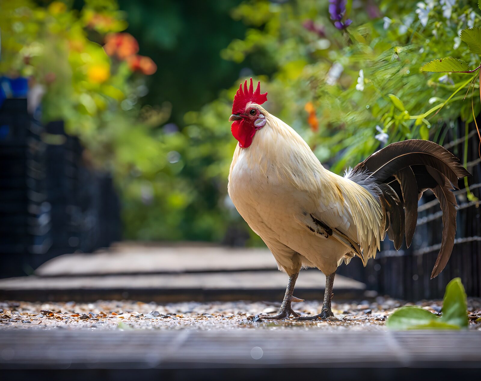 PDGIT1426966: Gallo color crema sul sentiero al sole