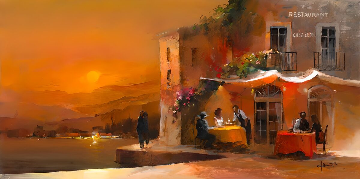 Ristorante sul mare al tramonto