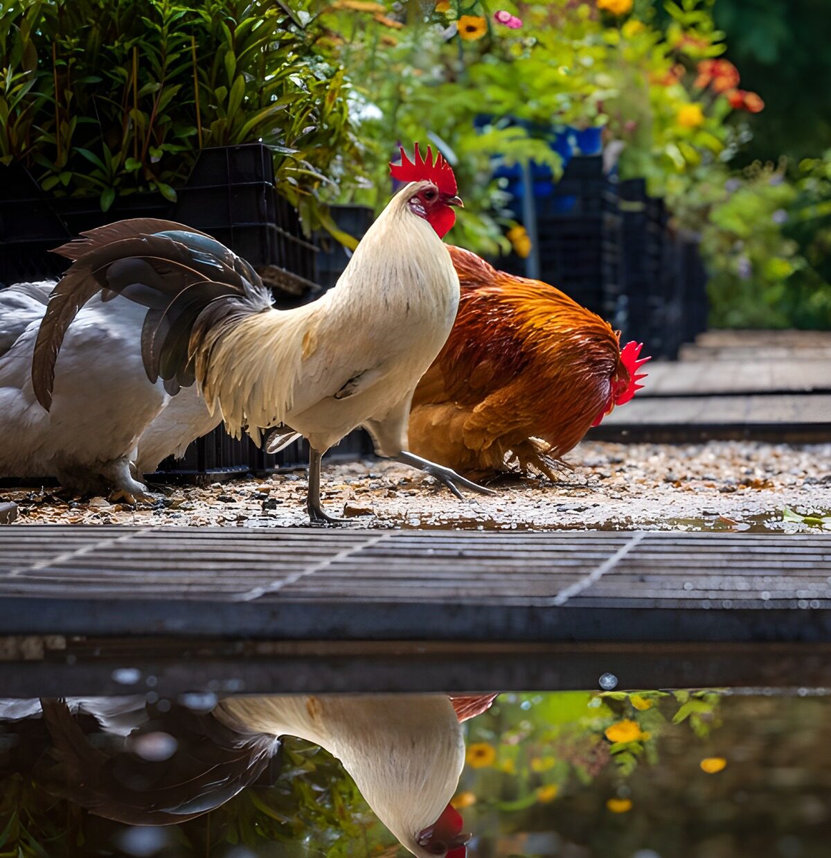 PDGIT7093934: Gallo bianco tra i fiori al sole