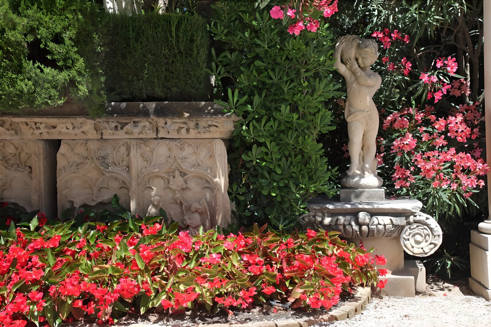 PDGIT4895557: Statua di bambino tra fiori al sole