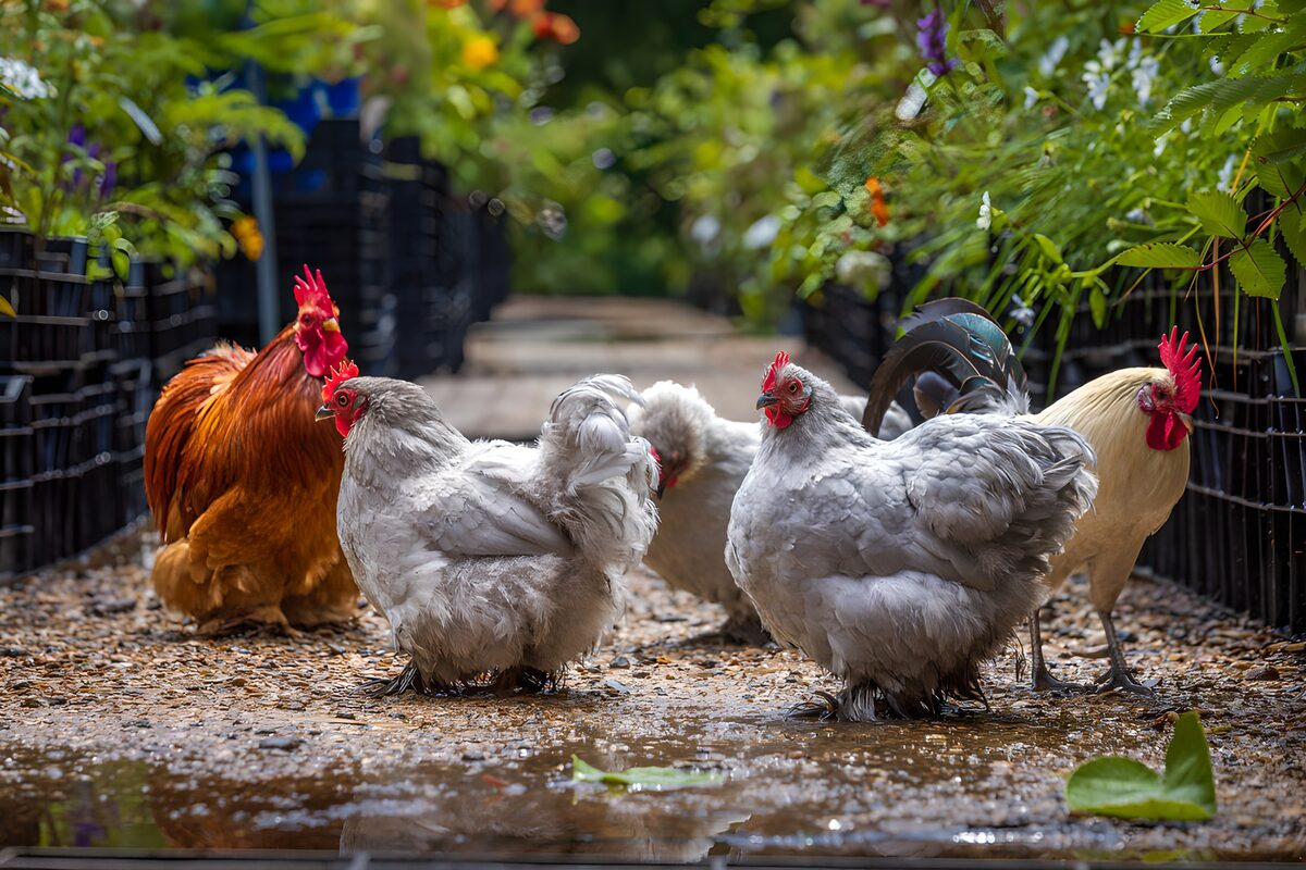 Galli e galline sul sentiero bagnato