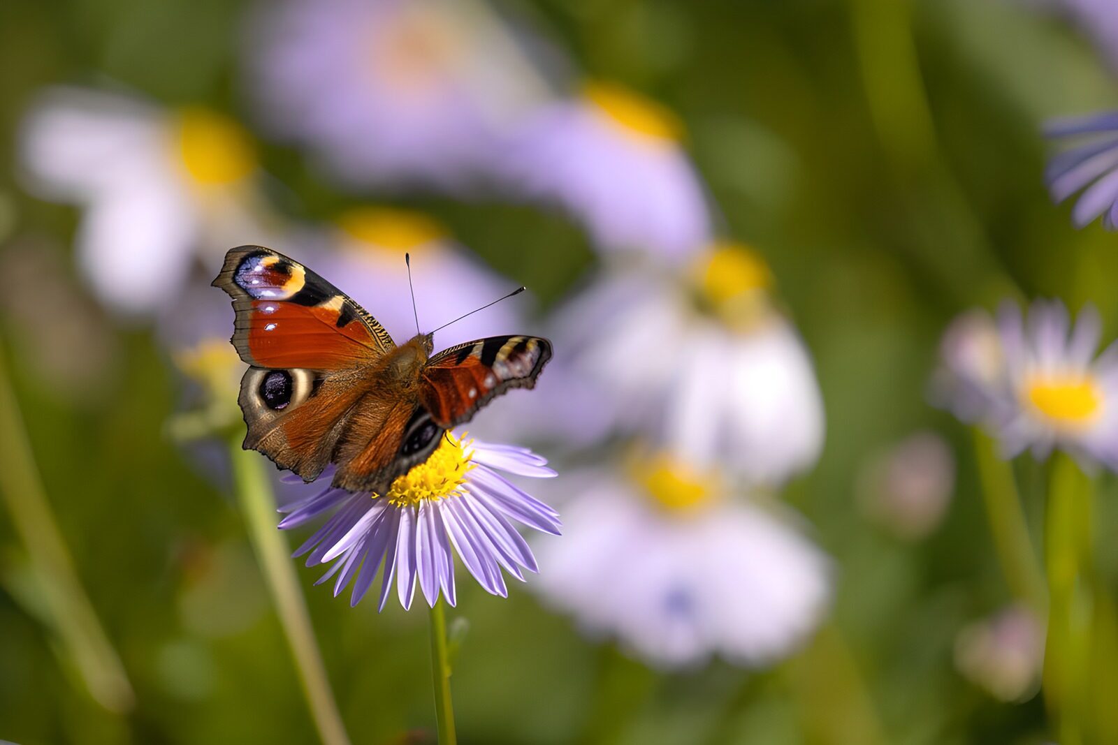 PDGIT6655351: Vanessa io su un fiore lilla al sole