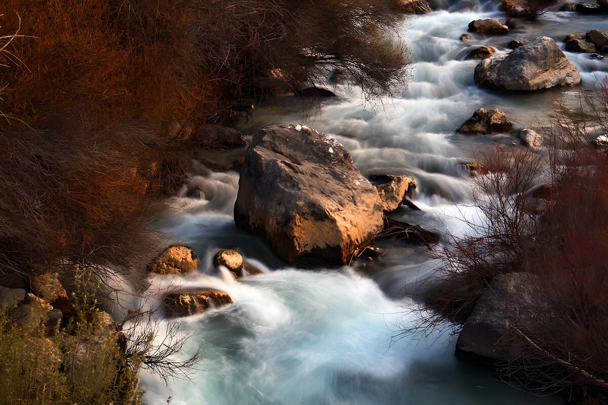 PDGIT5420765: Torrente roccioso nella luce dorata