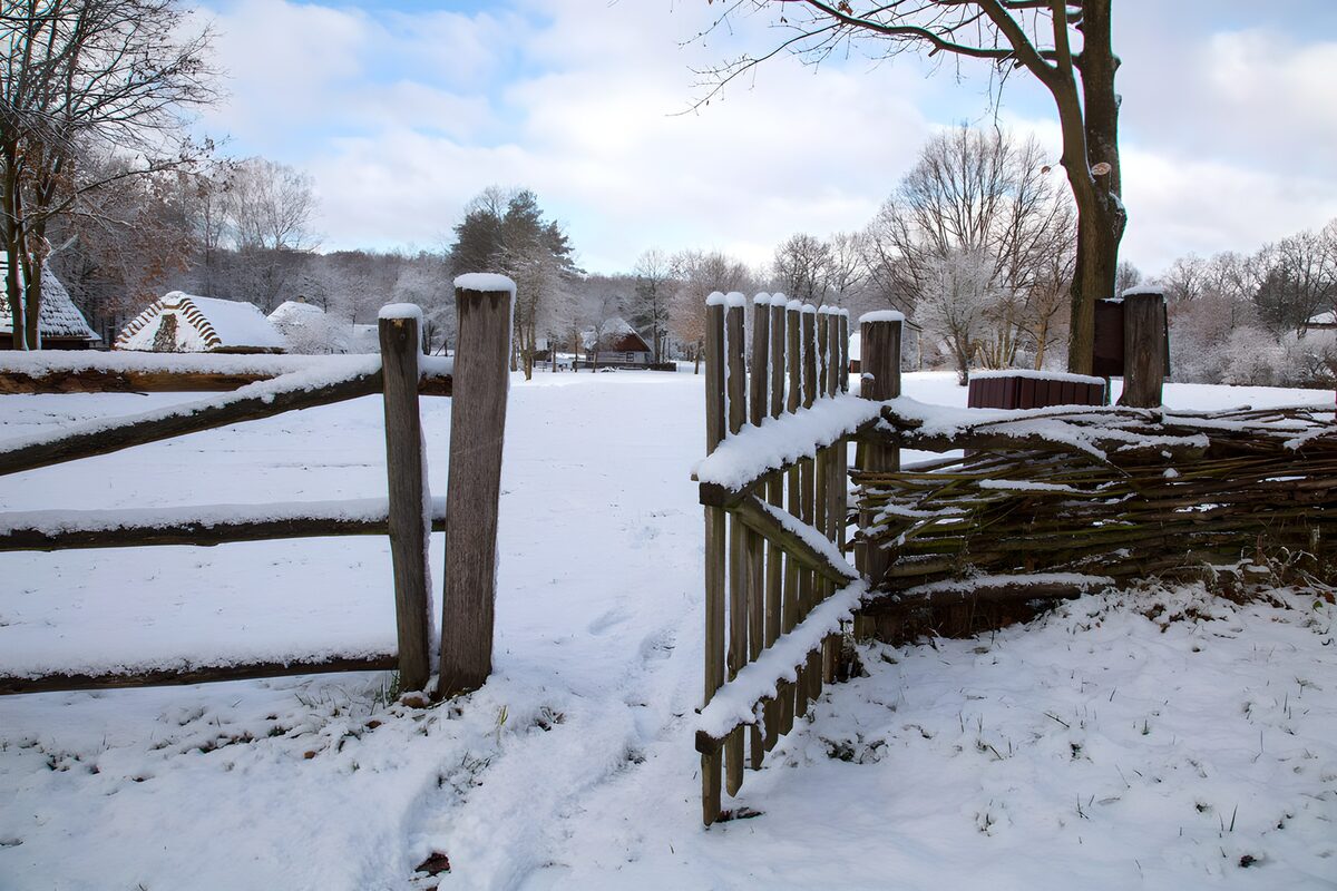 PDGIT5268244: Cancello aperto sulla campagna innevata