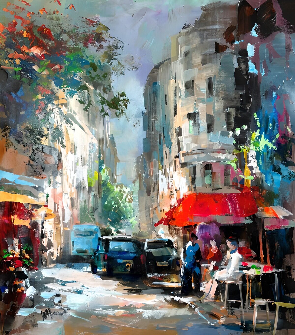 Strada a colori con auto e caffè