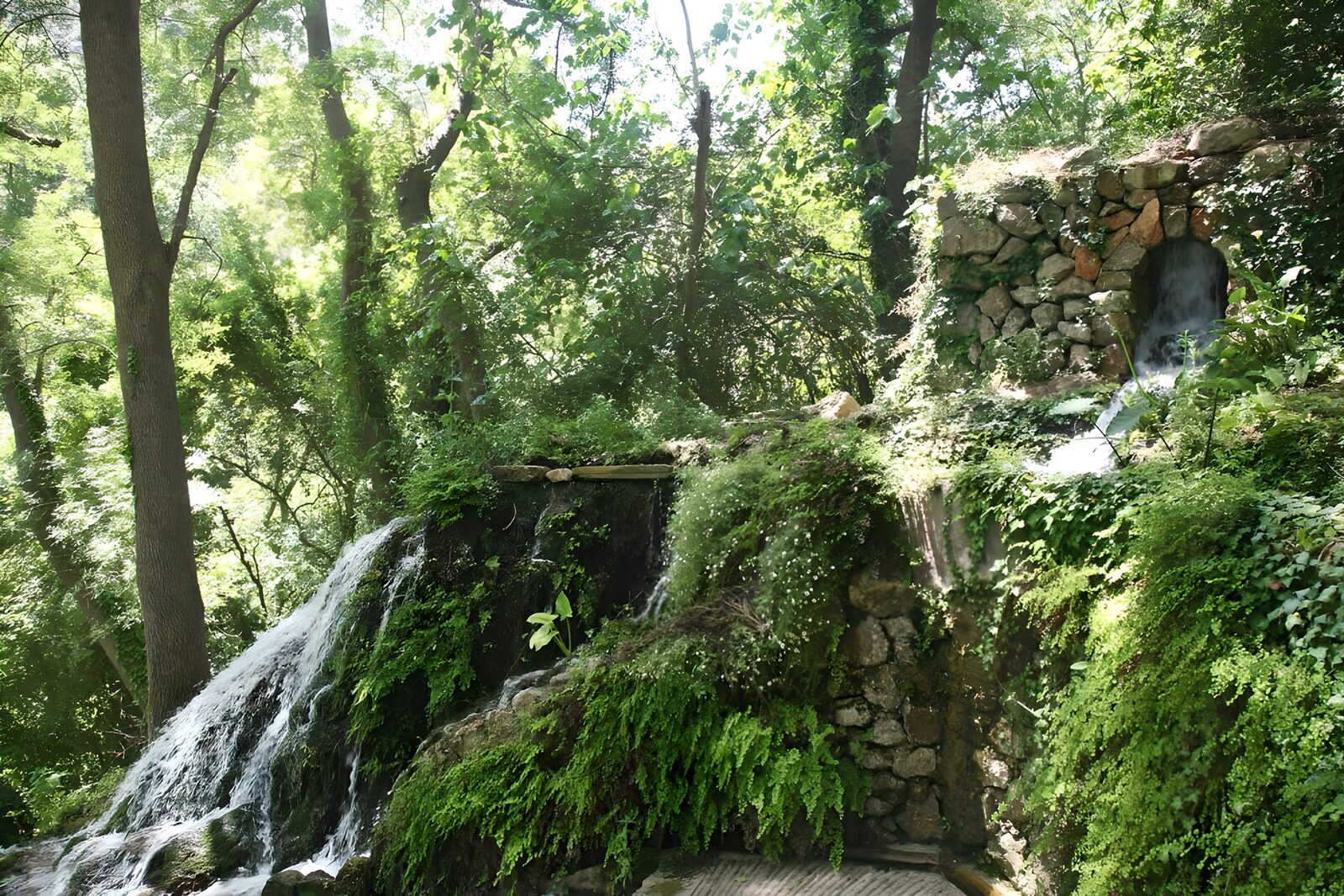 PDGIT2246139: Cascata nel verde accanto al muro di pietra