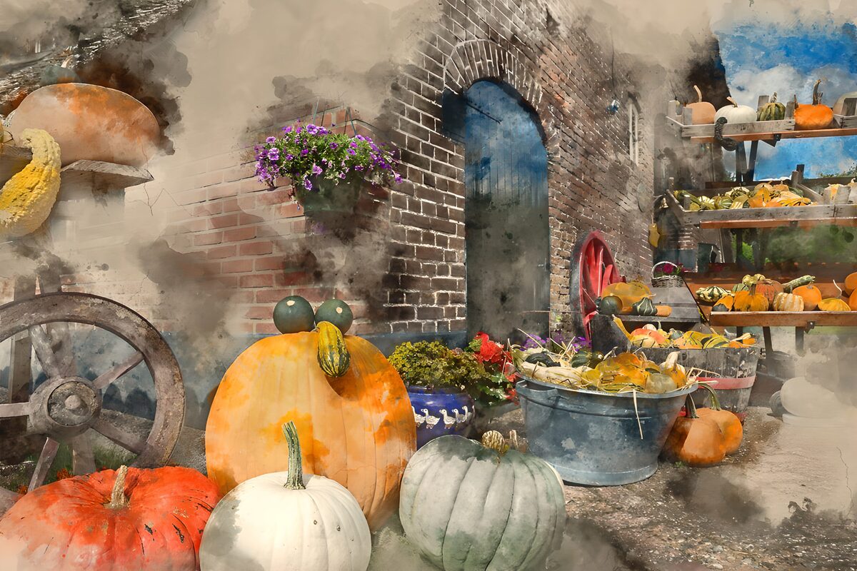 PDGIT7260280: Zucche e fiori accanto alla porta blu