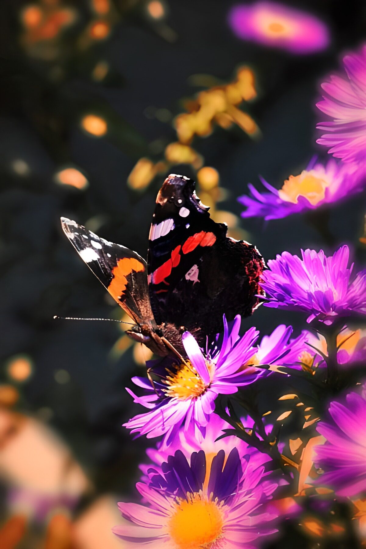 PDGIT9618200: Farfalla nera sui fiori viola al sole