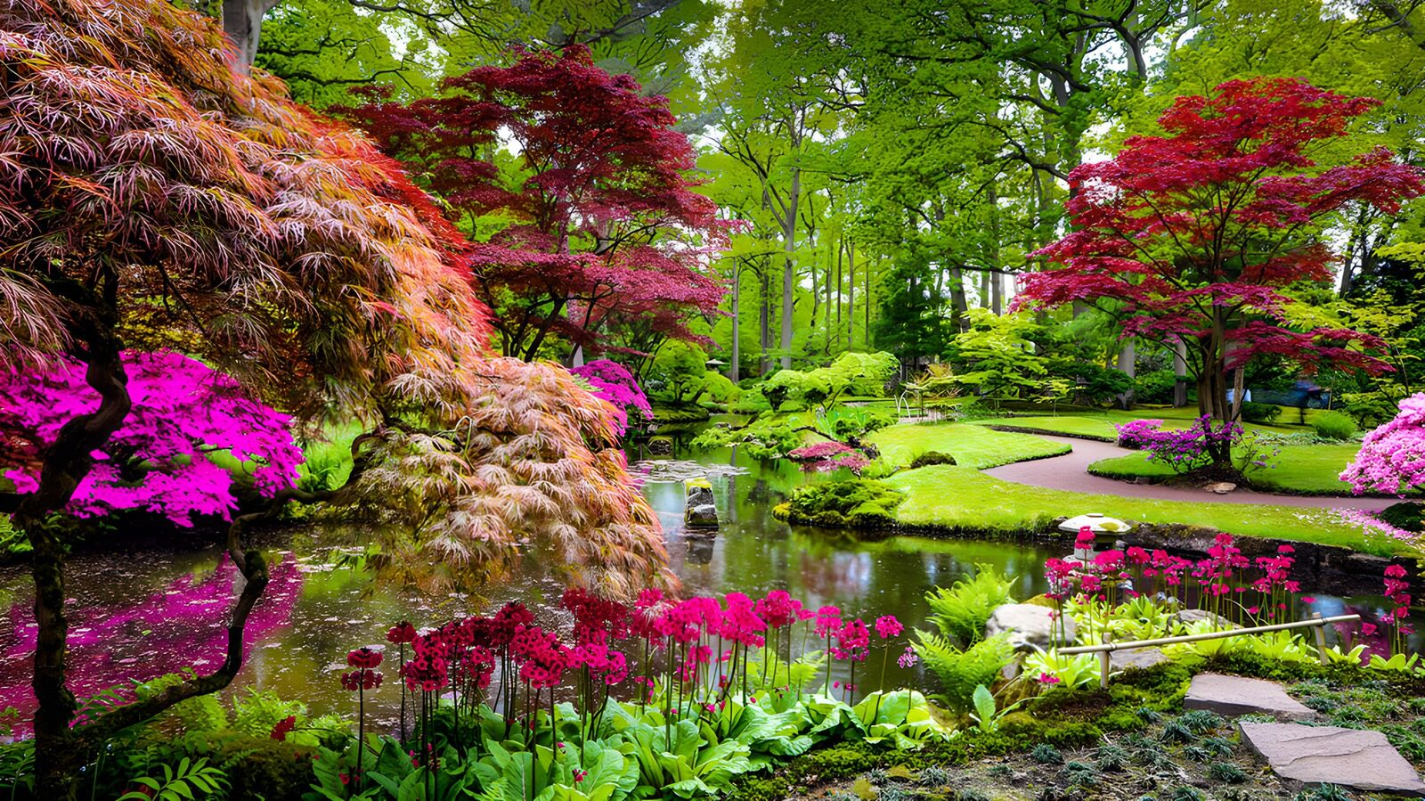 PDGIT8482801: Stagno tra aceri rossi e fiori rosa