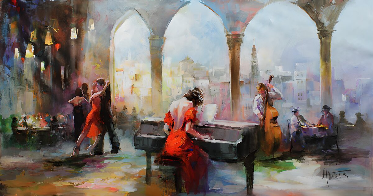 Pianista in rosso e coppia danzante