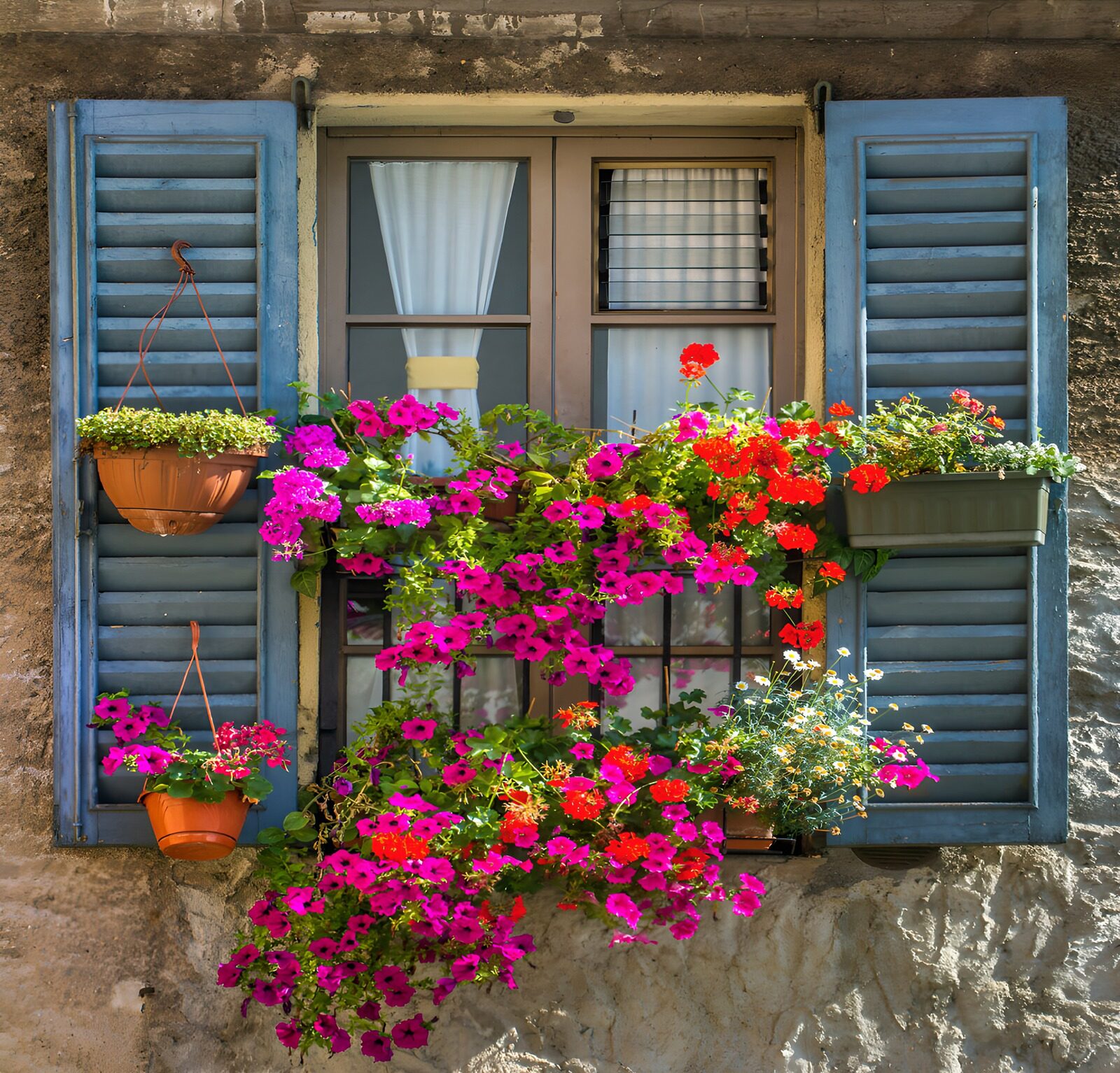 PDGIT2681425: Finestra in fiore tra persiane blu