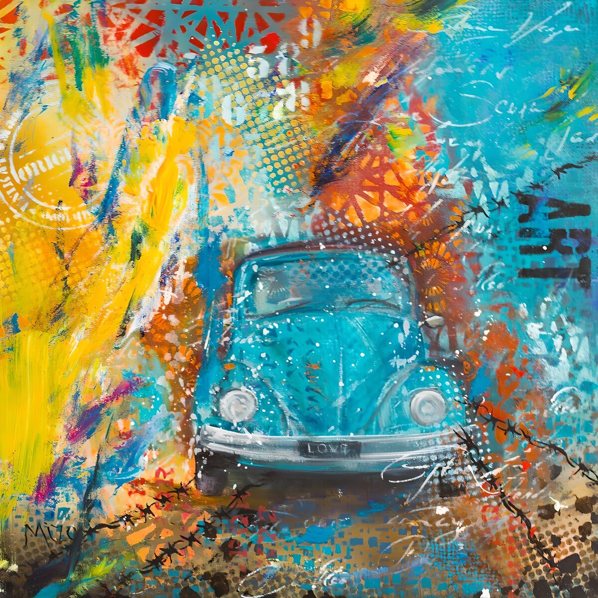 PDGIT3427802: Auto vintage turchese tra i graffiti