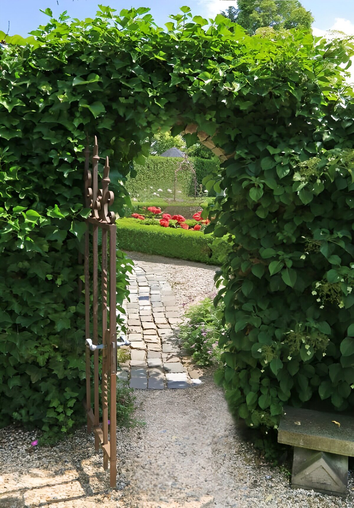 PDGIT8602352: Arco verde sul giardino in fiore