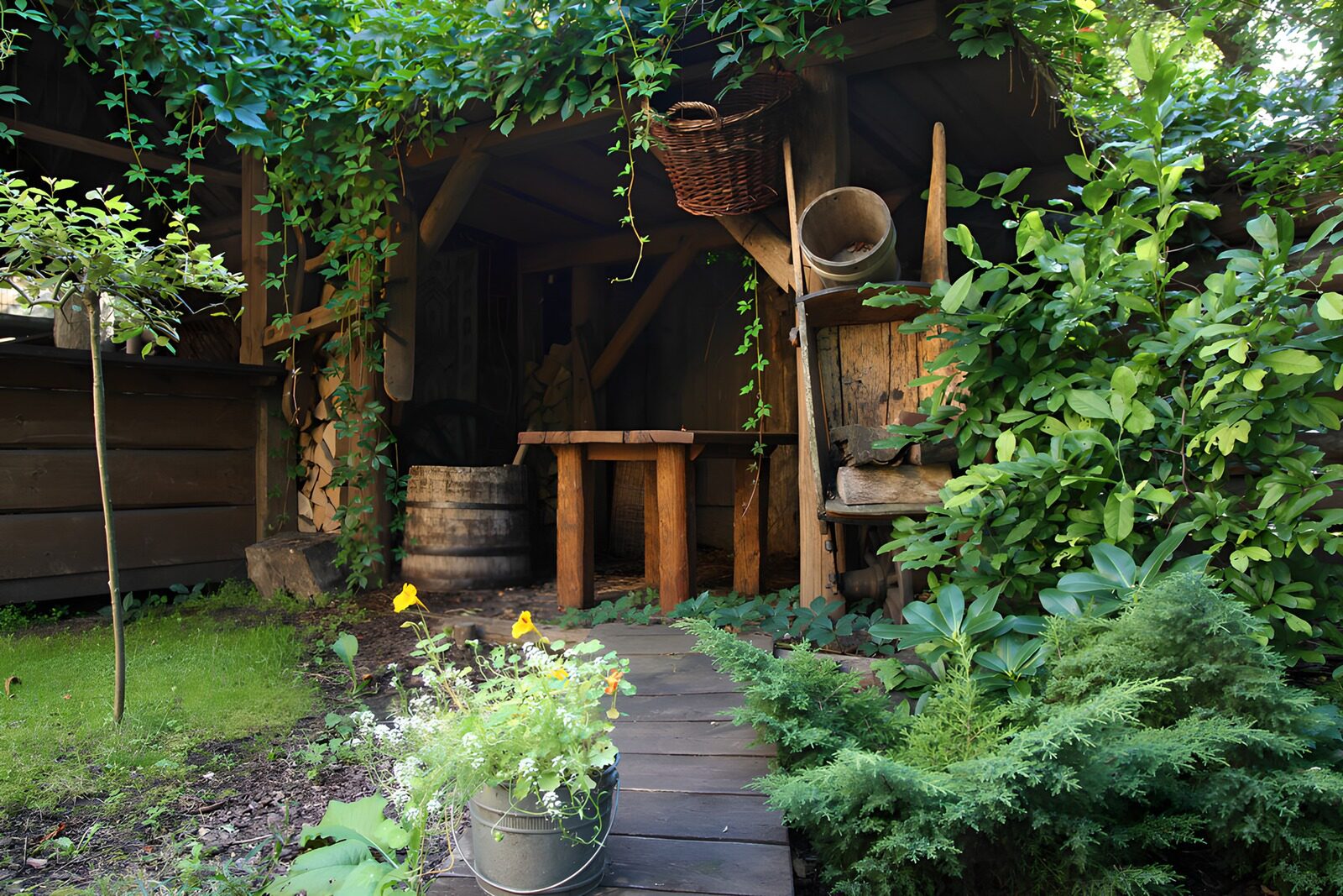 PDGIT1126370: Capanno di legno tra fiori e rampicanti