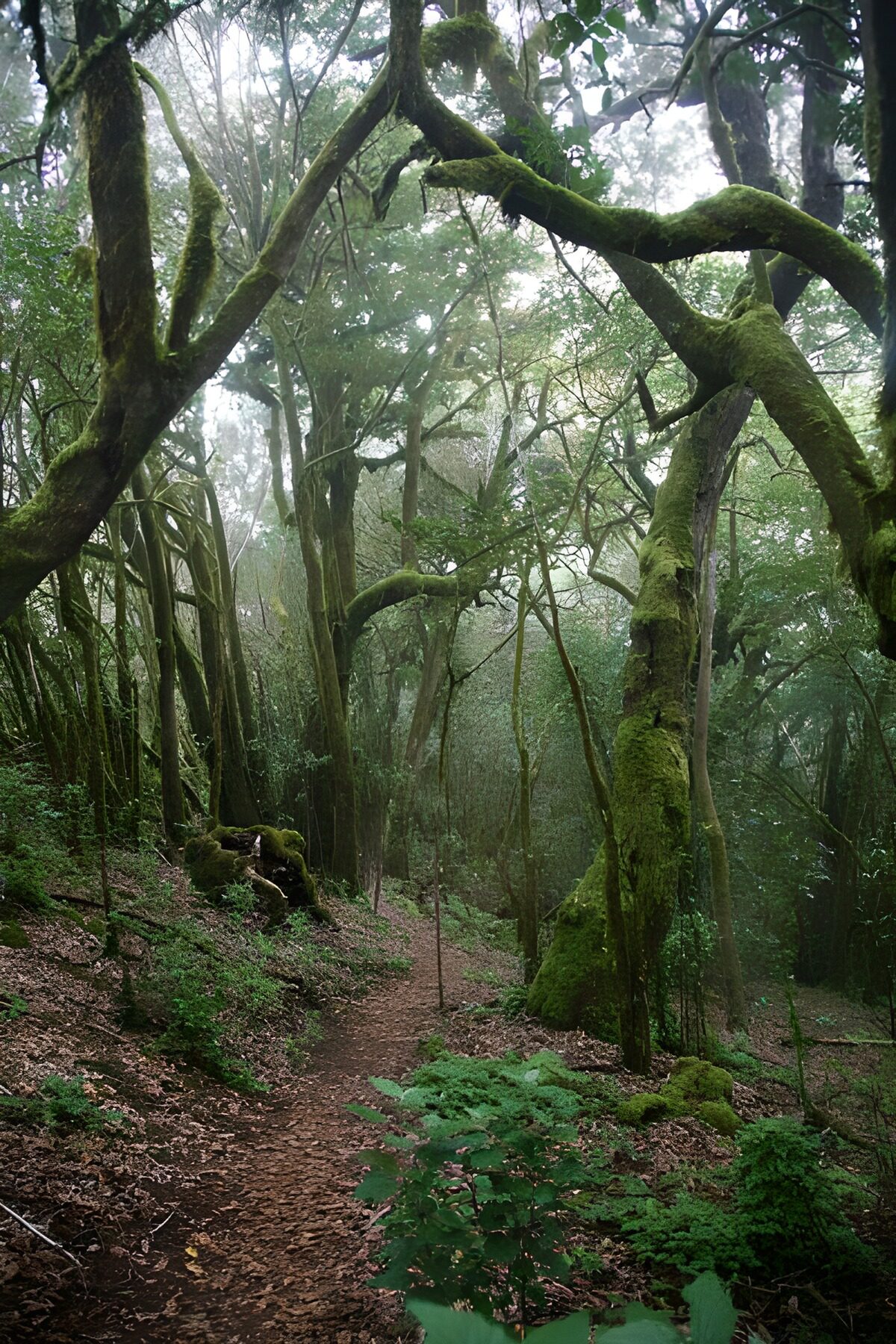 Sentiero nel bosco tra muschio e nebbia
