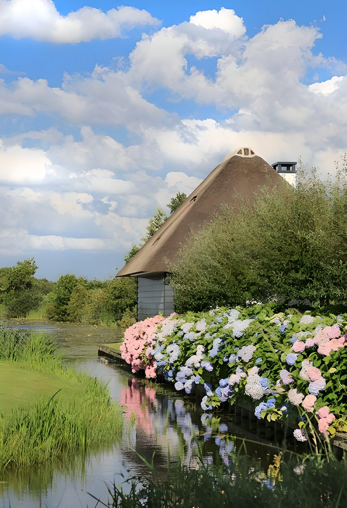 Ortensie e tetto di paglia sul canale