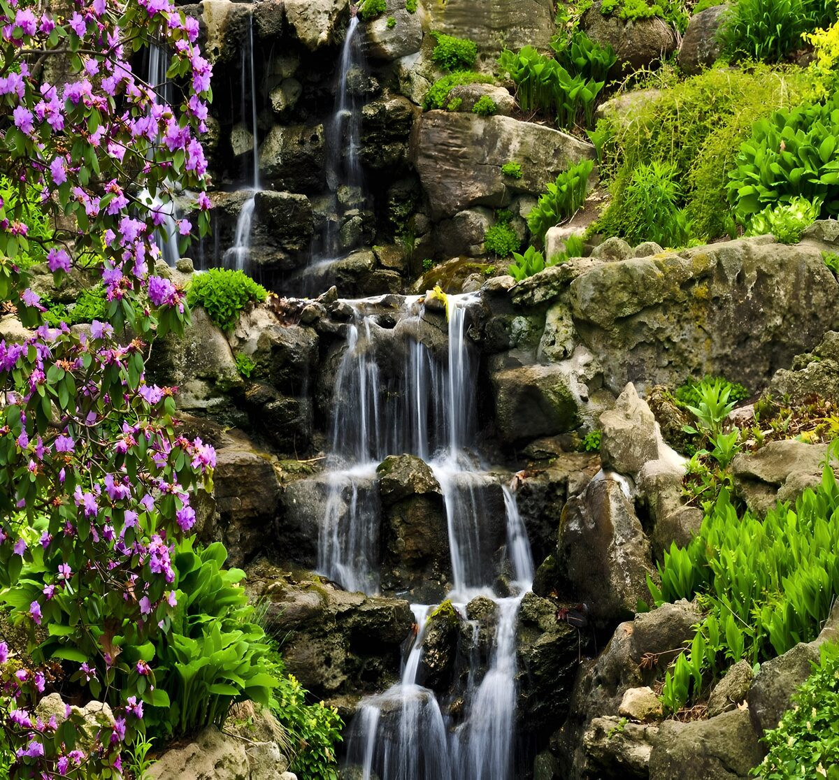 PDGIT2428953: Cascata tra rocce e fiori rosa