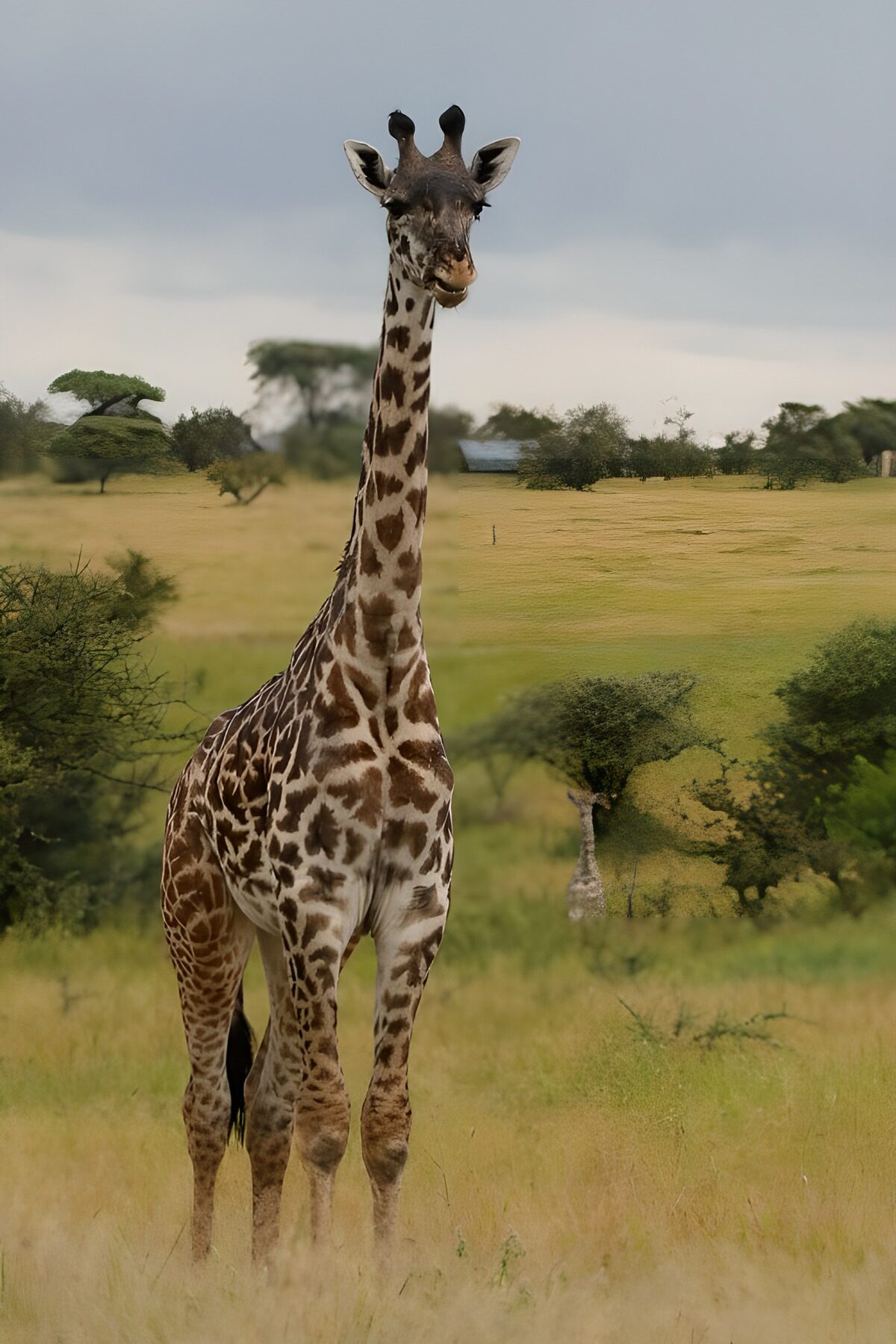Giraffa di fronte sotto il cielo grigio