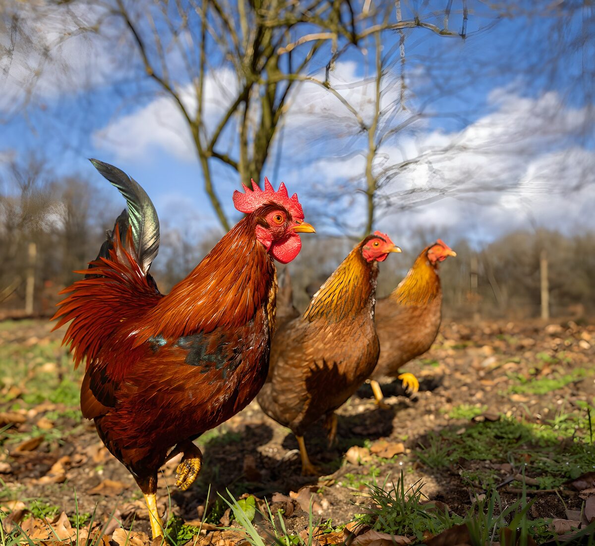 Gallo e due galline al sole