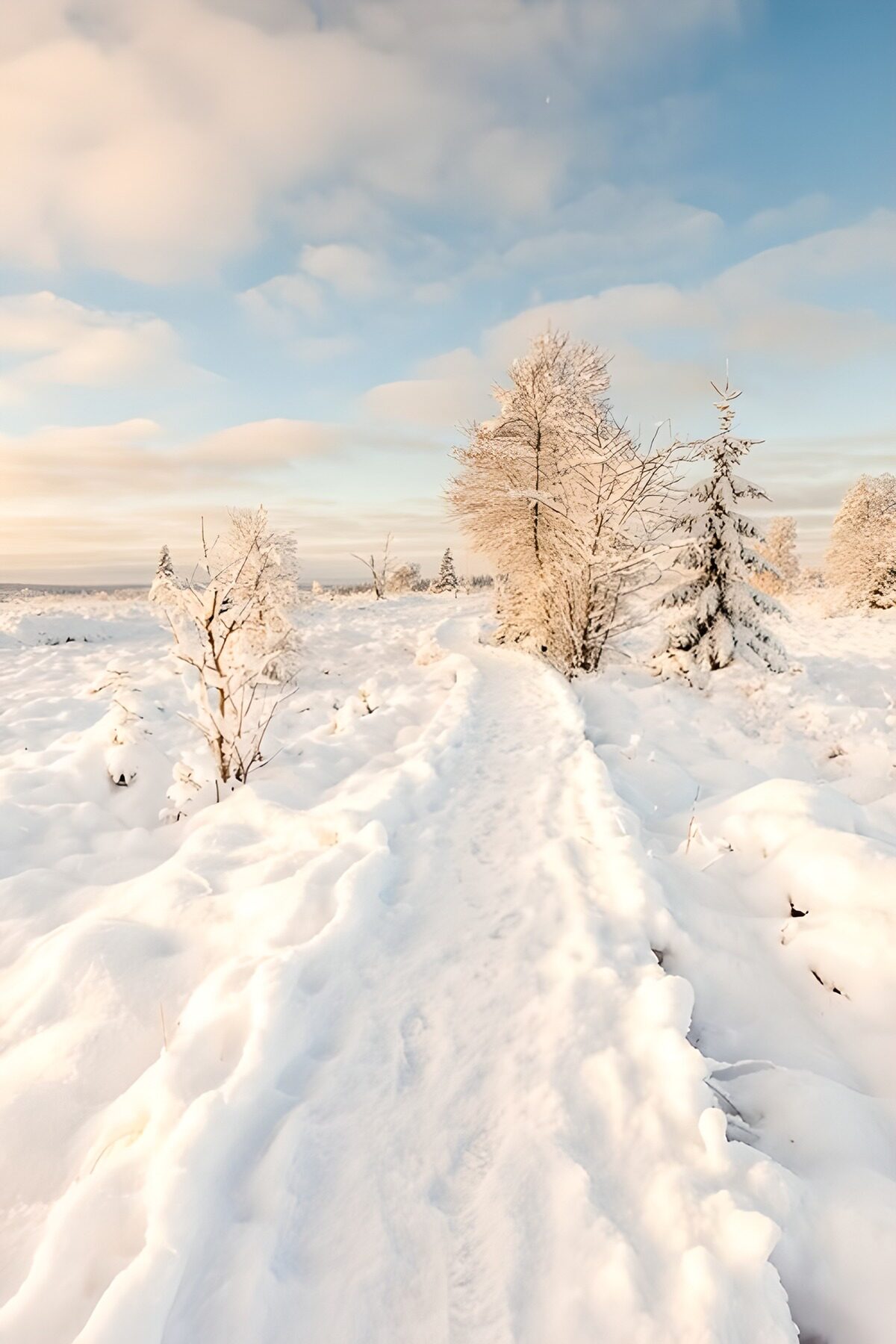 PDGIT4071739: Sentiero innevato tra alberi e luce rosa