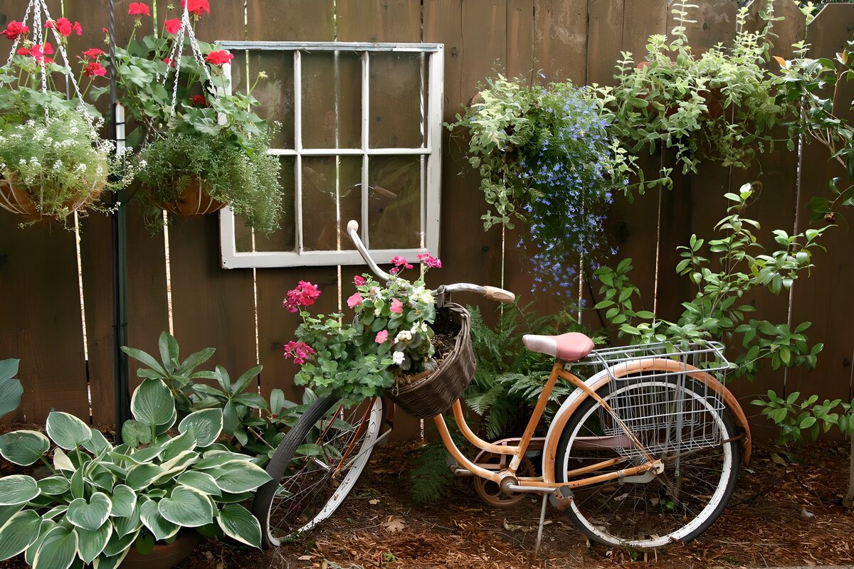 PDGIT3619358: La vecchia bici arancione tra i fiori