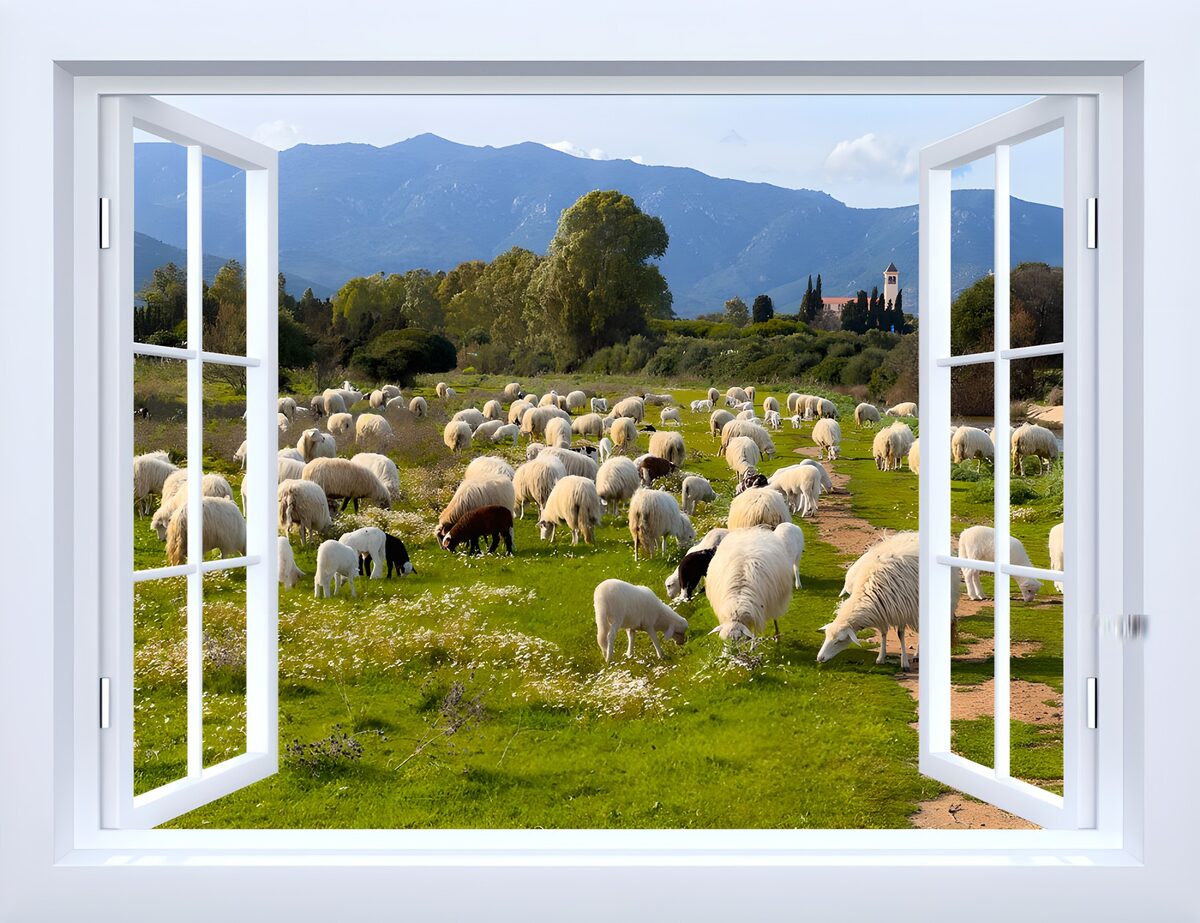 PDGIT6550381: Finestra aperta sul prato con le pecore