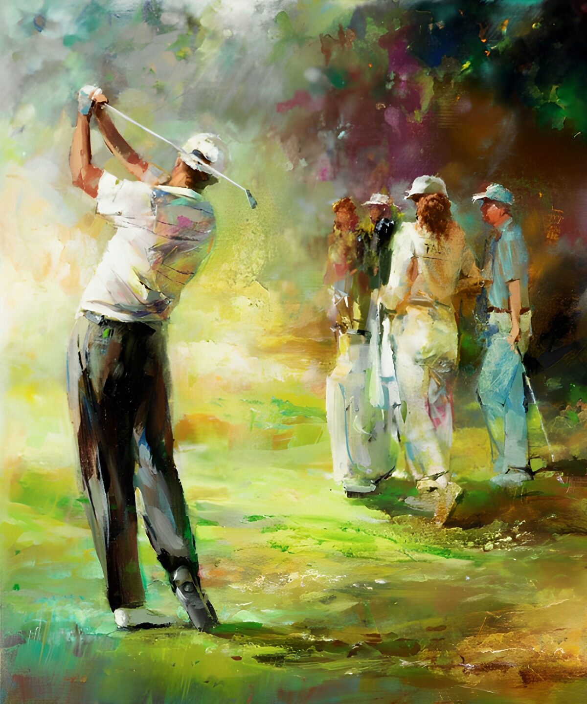 PDGIT3668715: Golfista a fine swing tra luce e colore