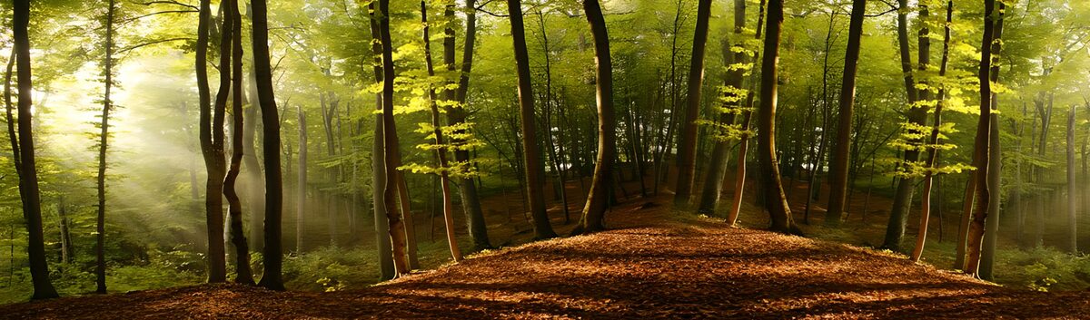 PDGIT8287142: Bosco tra raggi di sole e ombre lunghe