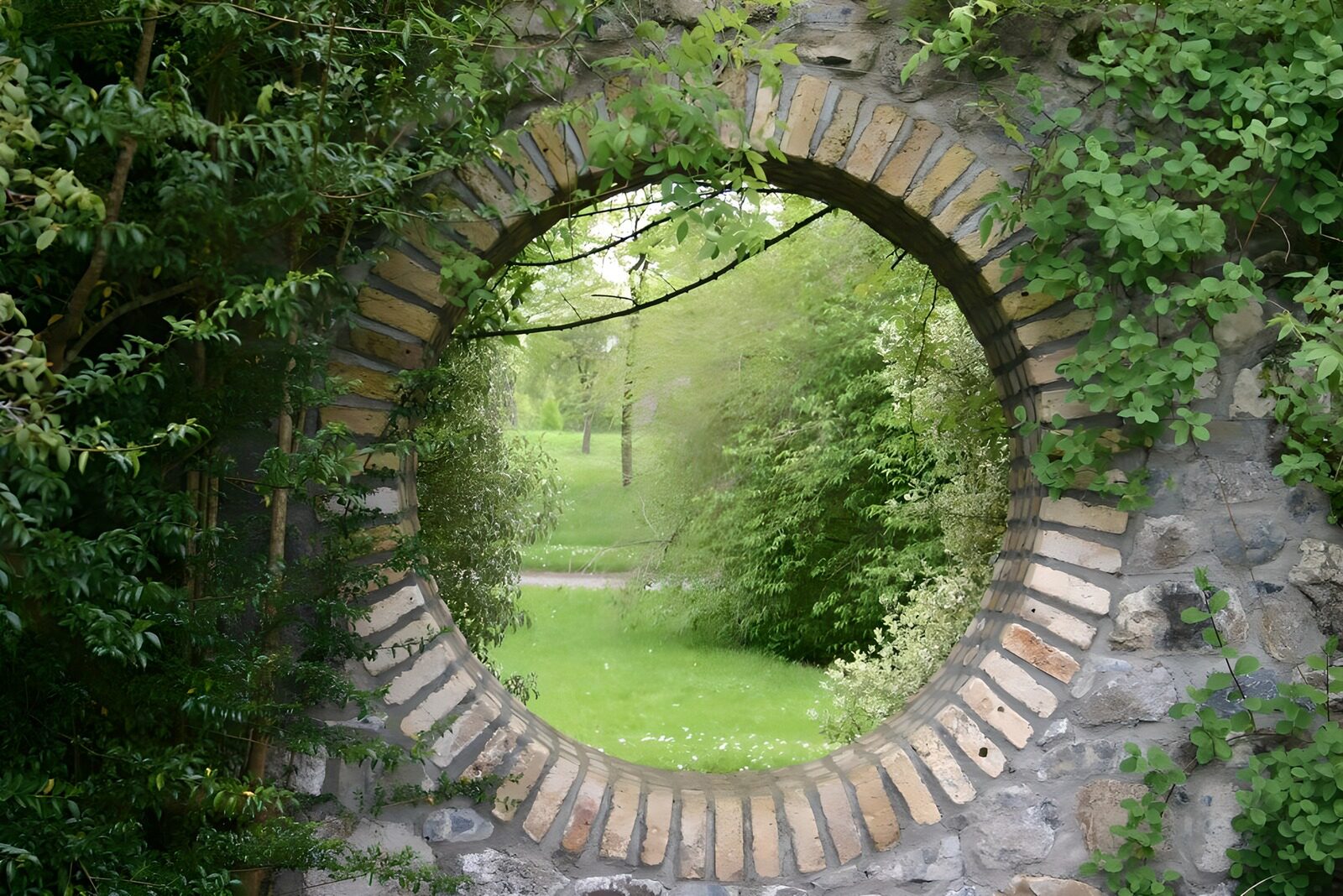 PDGIT7820714: Finestra tonda su un giardino quieto