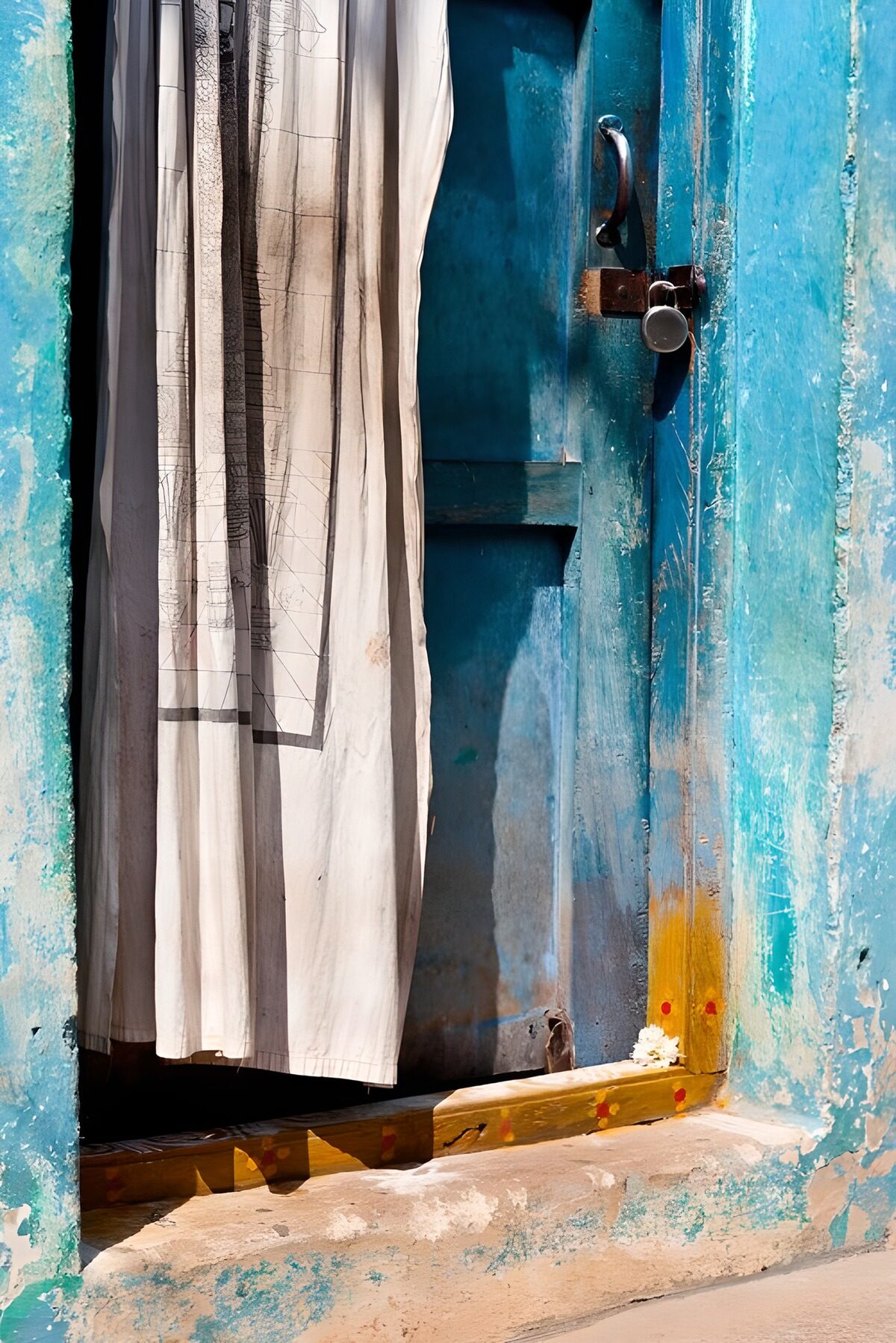 PDGIT1797879: Porta turchese scrostata al sole
