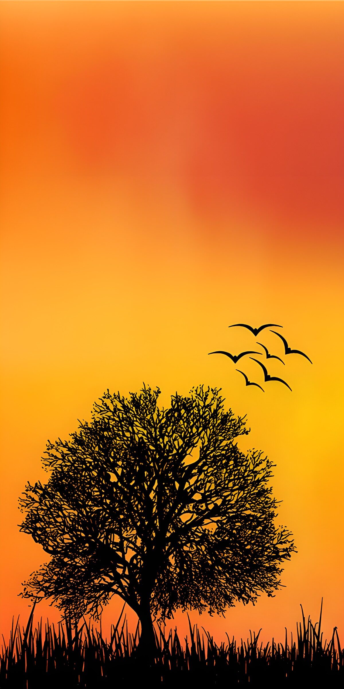 PDGIT9217674: Albero e uccelli nel tramonto arancione