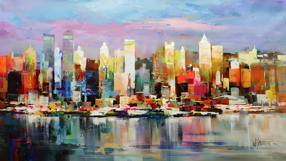 Skyline colorato riflesso nell’acqua