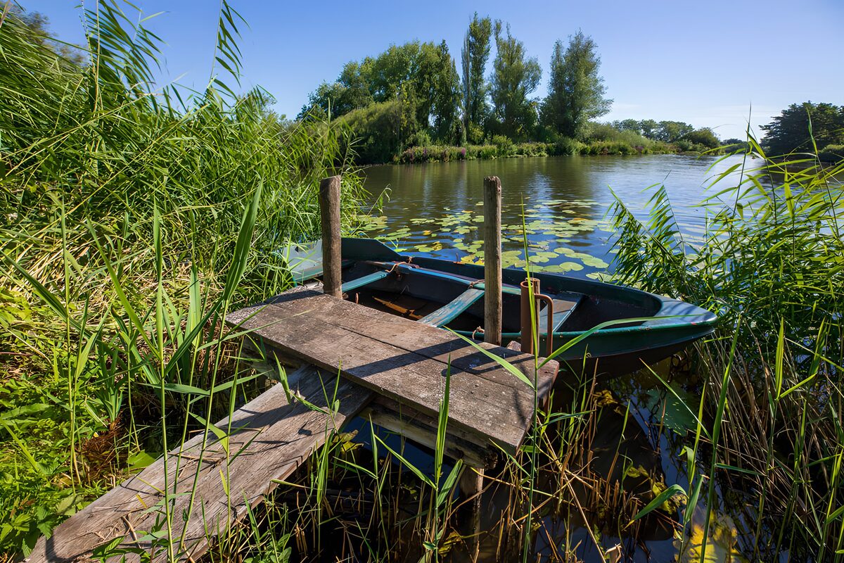 PDGIT1284624: Barche verdi al pontile di legno