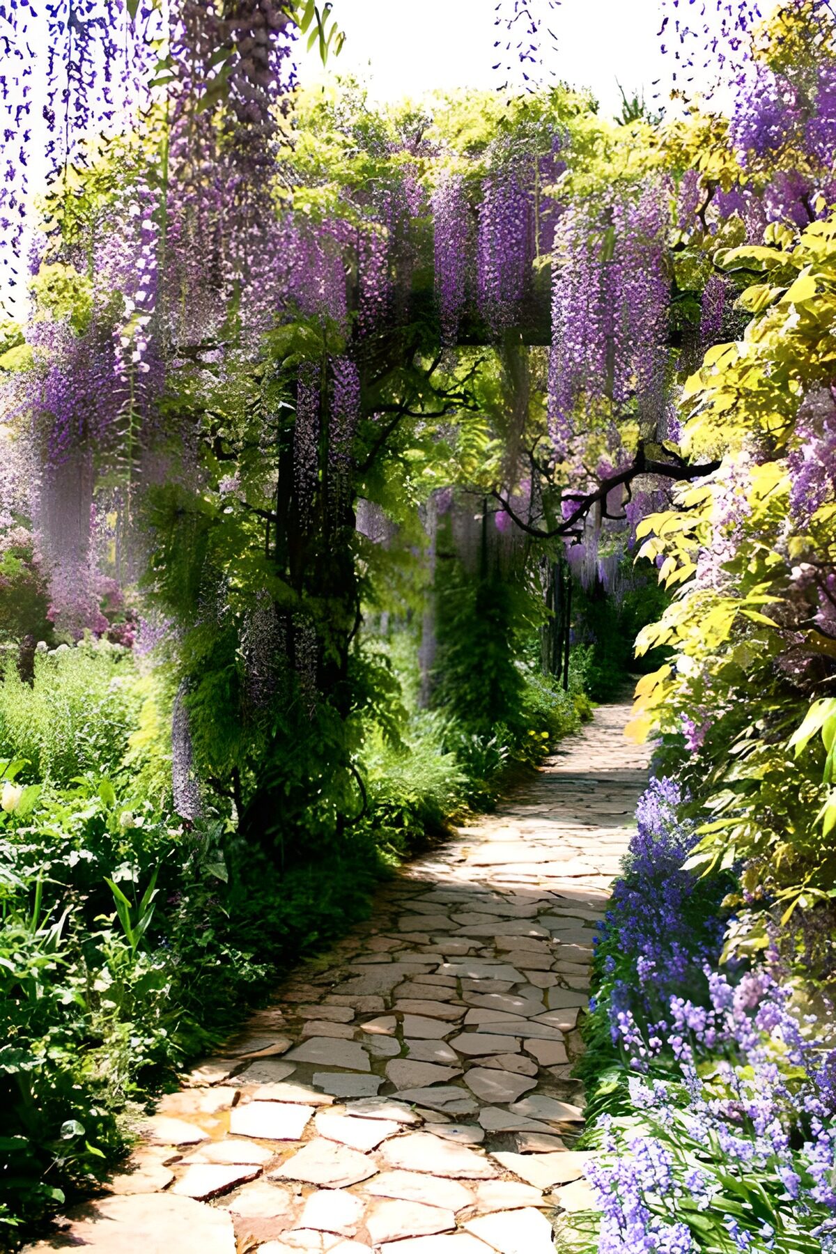 Sentiero di pietra tra i glicini in fiore