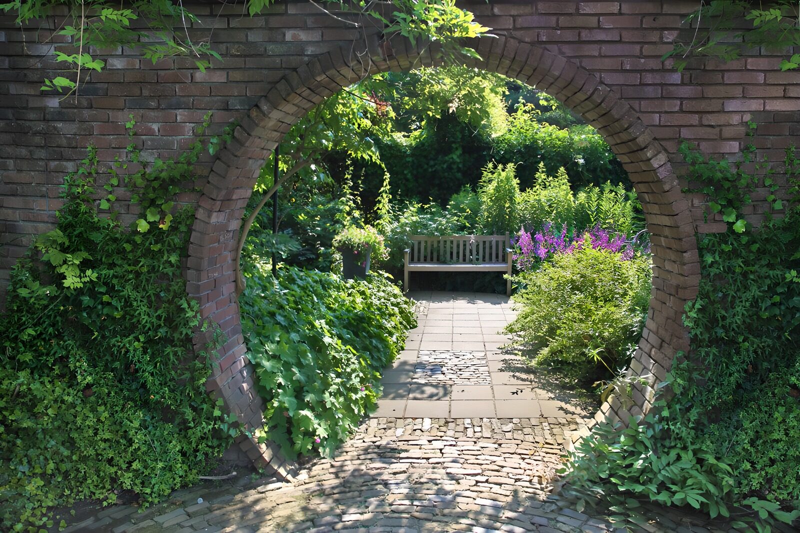 PDGIT6200552: Arco in mattoni sul giardino al sole