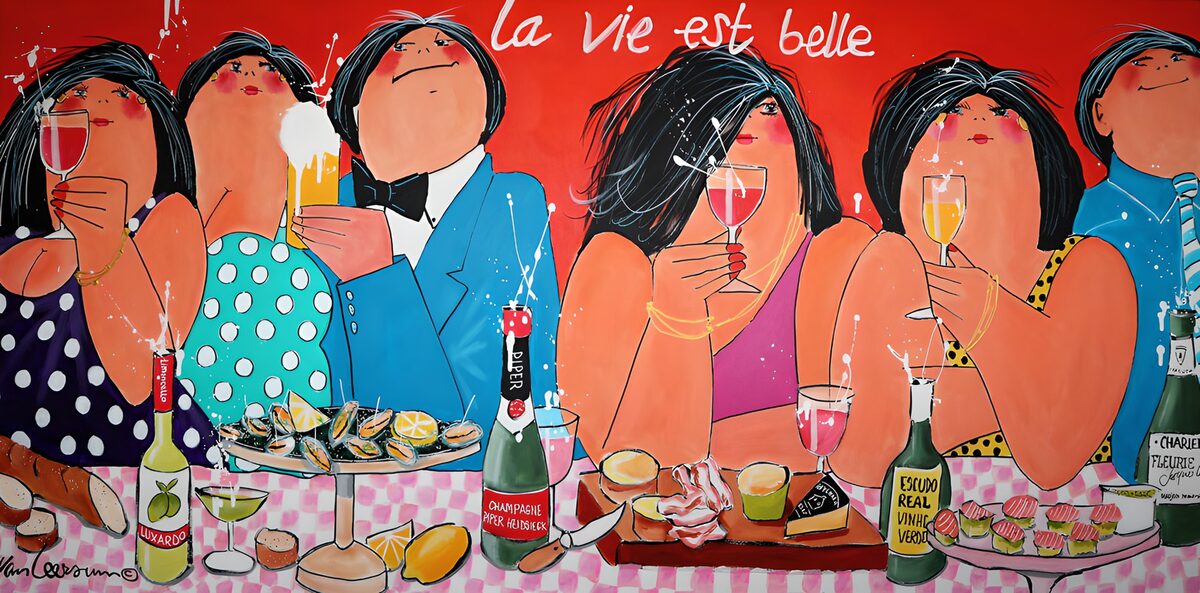 PDGIT4127433: Sei amici a tavola tra vino e sorrisi