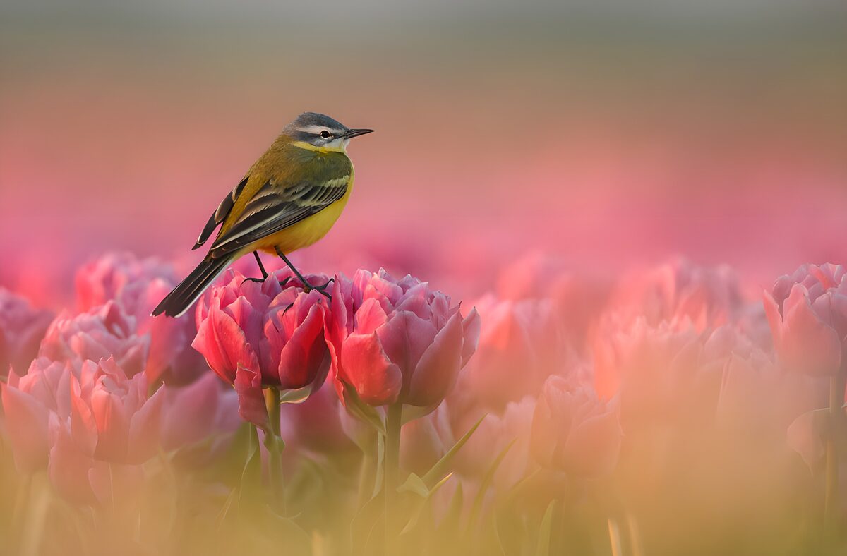 PDGIT9840089: Cutrettola su un tulipano rosa di primavera