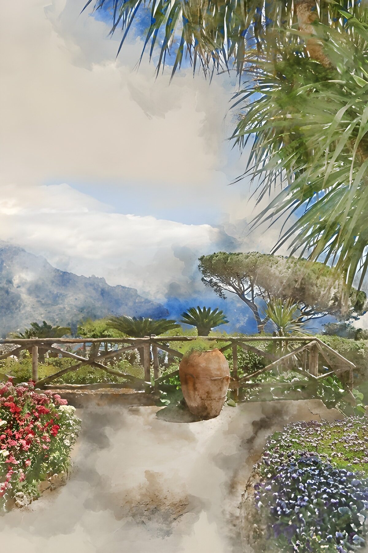 PDGIT9867834: Terrazza al sole con fiori e montagne